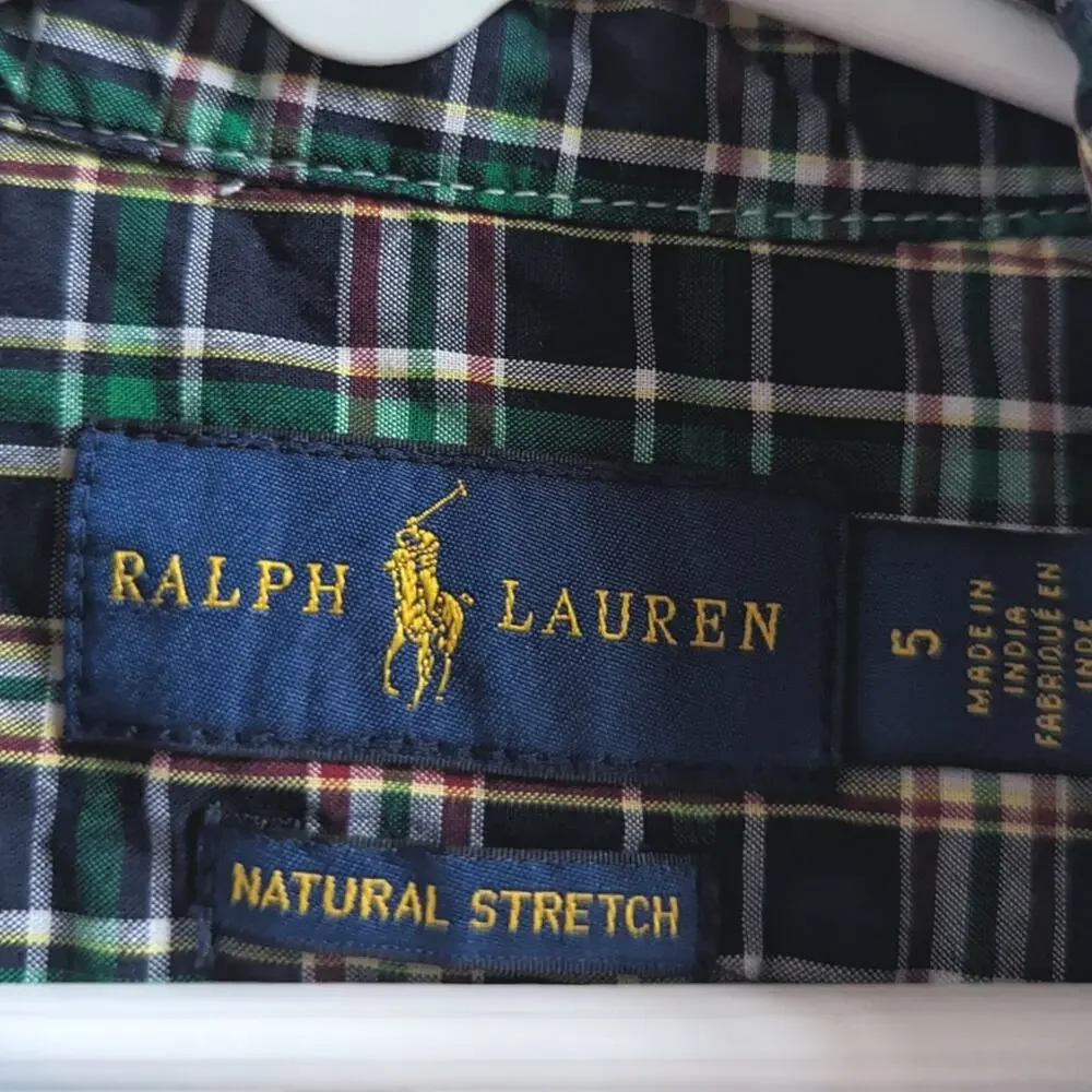 Ralph Lauren Button Down Shirt 5T Boys Green Plaid Long Sleeve Preppy Pony